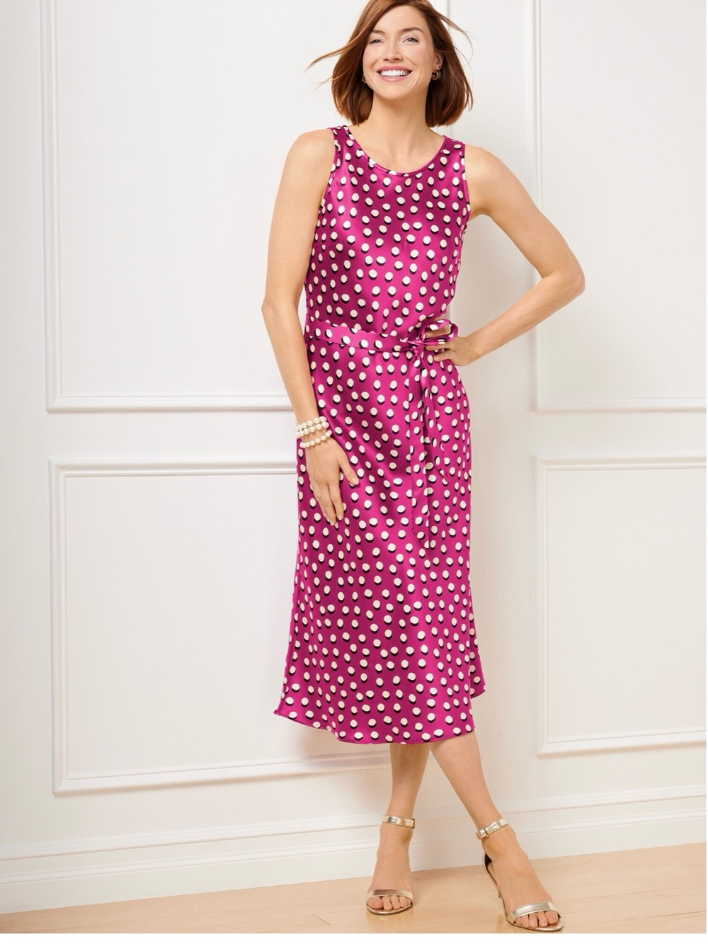 NWT Talbots Scattered Dot Satin Dress in Magenta & White with Tie-Waist, Size 18